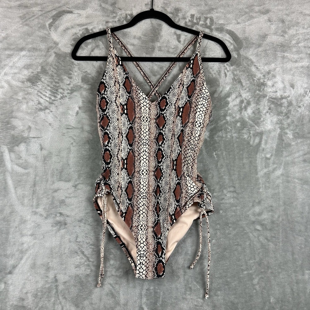 Kona Sol Women's S Brown Beige Snake Print One Piece Ruched Sides